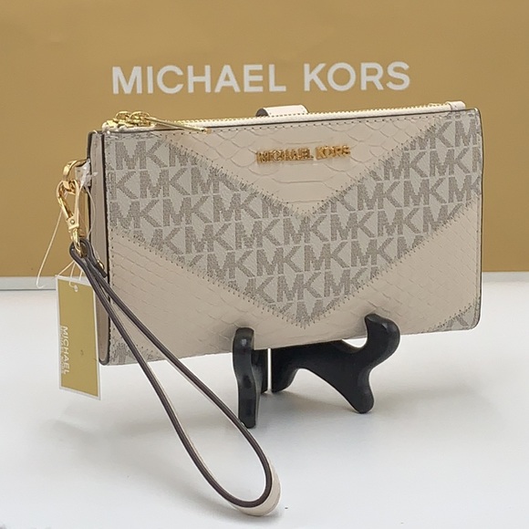 MICHAEL KORS LG DOUBLE ZIP WALLET LIGHT CREAM MULTI Crocodile Leather Snakeskin - Picture 2 of 14